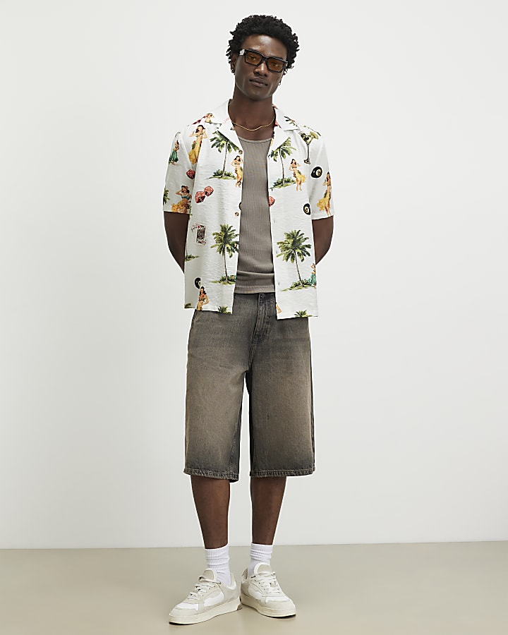 White Regular Fit Hula Hawaiian Shirt