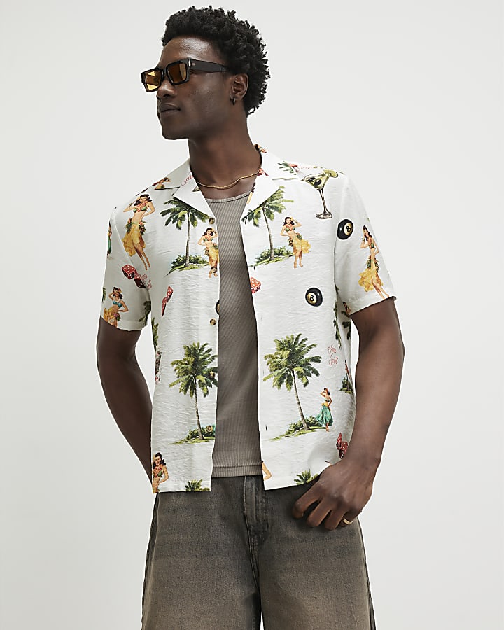 White Regular Fit Hula Hawaiian Shirt