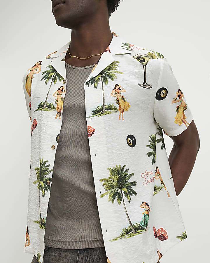White Regular Fit Hula Hawaiian Shirt