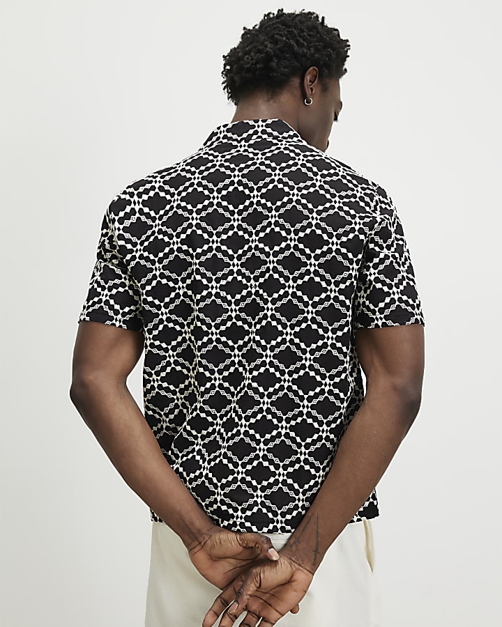 Black Regular Fit Geometric Embroidered Shirt