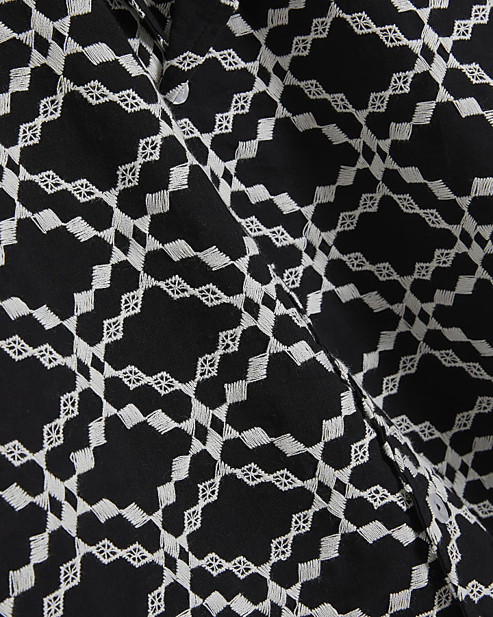 Black Regular Fit Geometric Embroidered Shirt