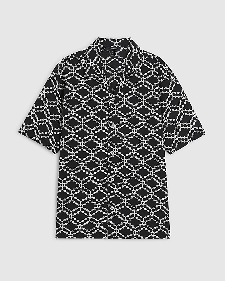 Black Regular Fit Geometric Embroidered Shirt