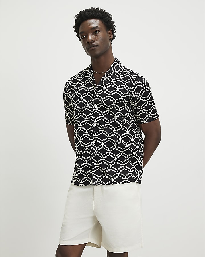 Black Regular Fit Geometric Embroidered Shirt