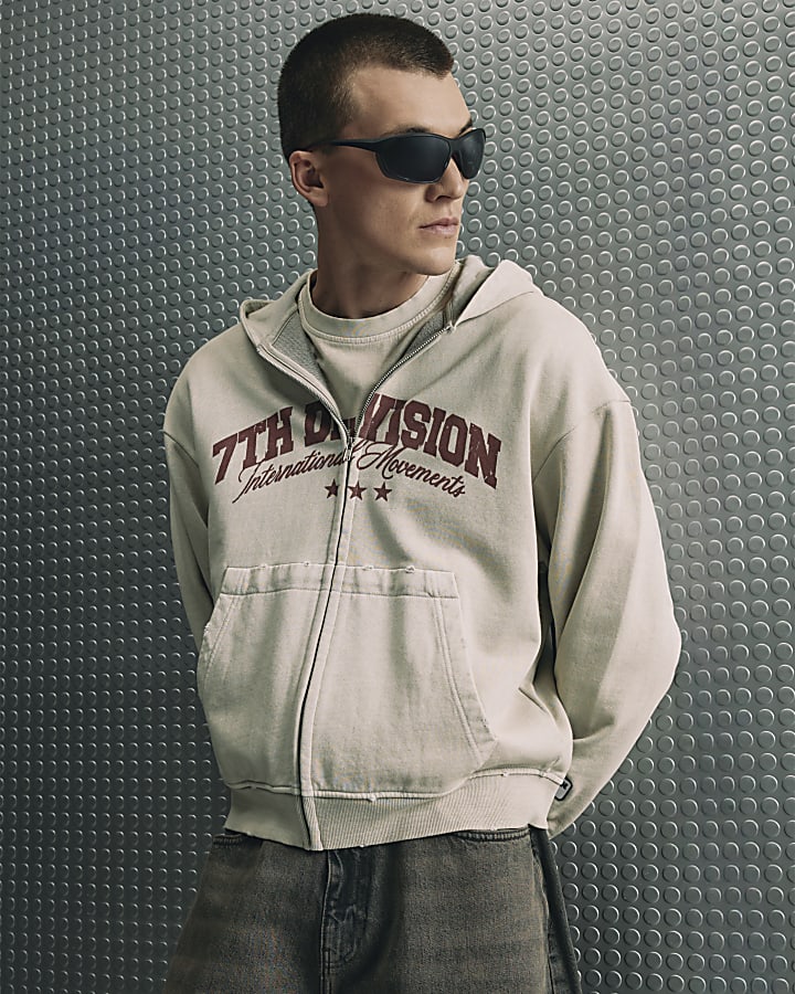 Beige Oversized Fit 7th Division Hoodie