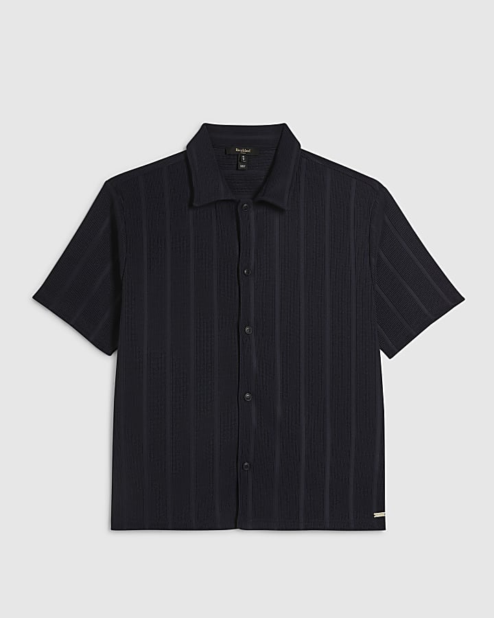Navy Boxy Fit Ribbed Shirt