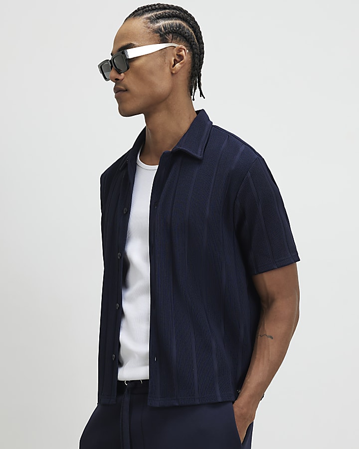 Navy Muscle Fit Ribbed Shirt