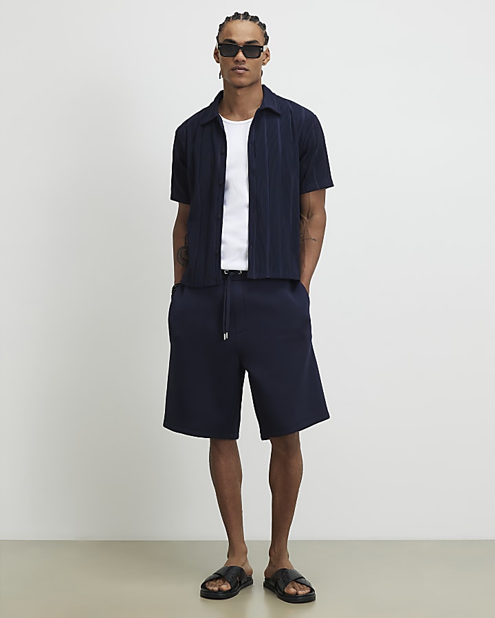 Navy Muscle Fit Ribbed Shirt