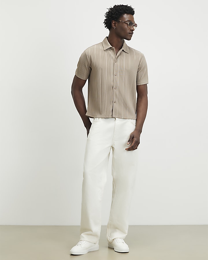 Beige Boxy Fit Ribbed Shirt