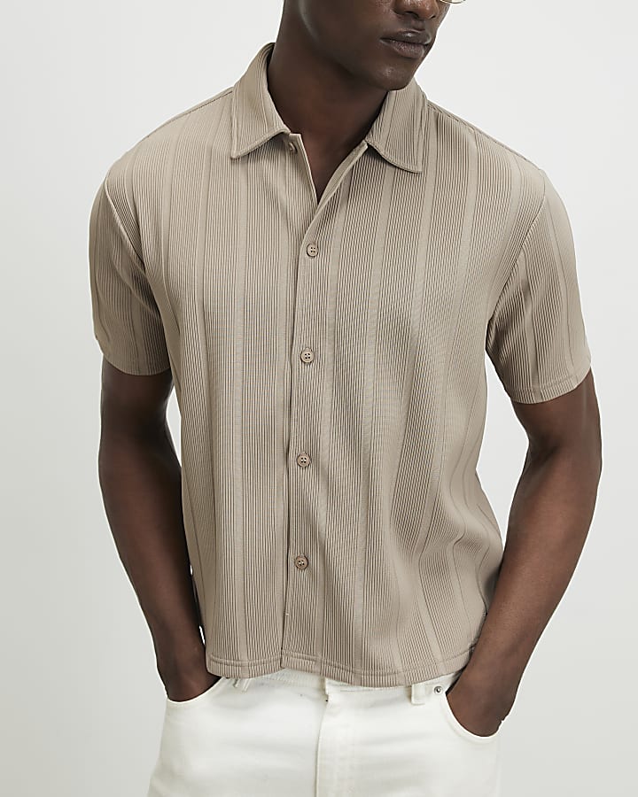 Beige Boxy Fit Ribbed Shirt