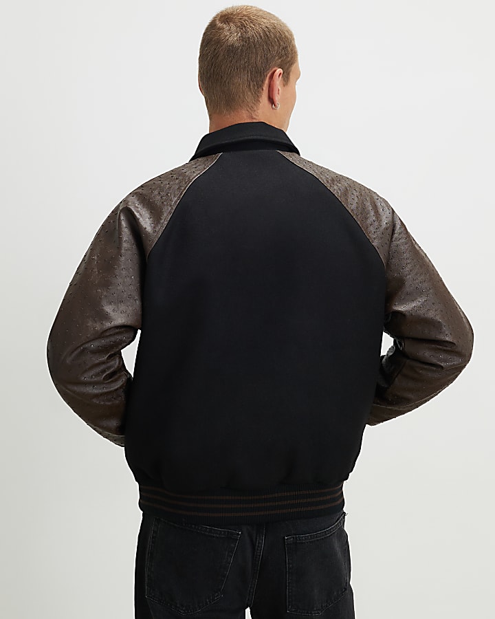 Black Faux Leather Varsity Bomber Jacket