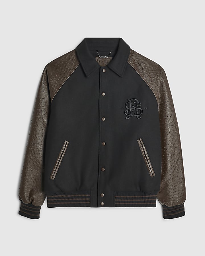 Black Faux Leather Varsity Bomber Jacket