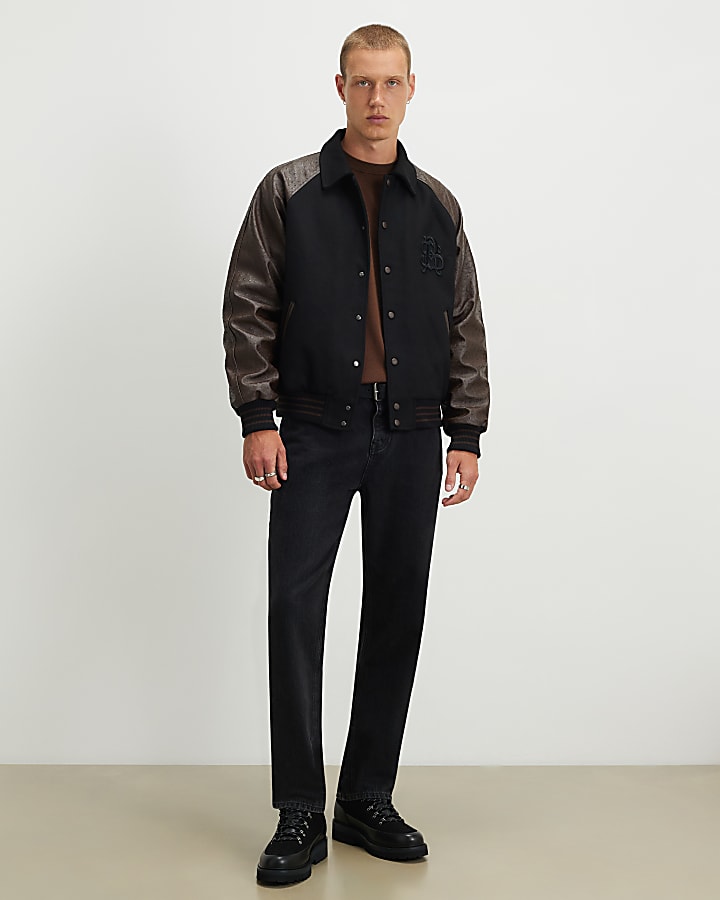 Black Faux Leather Varsity Bomber Jacket