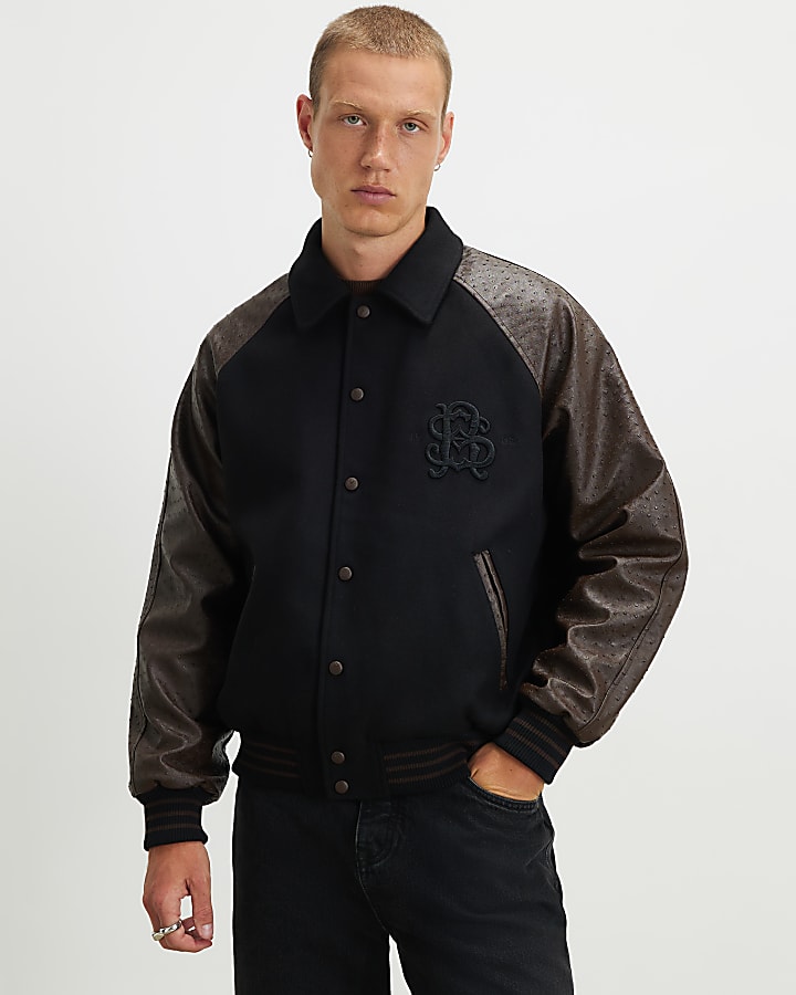 Black Faux Leather Varsity Bomber Jacket