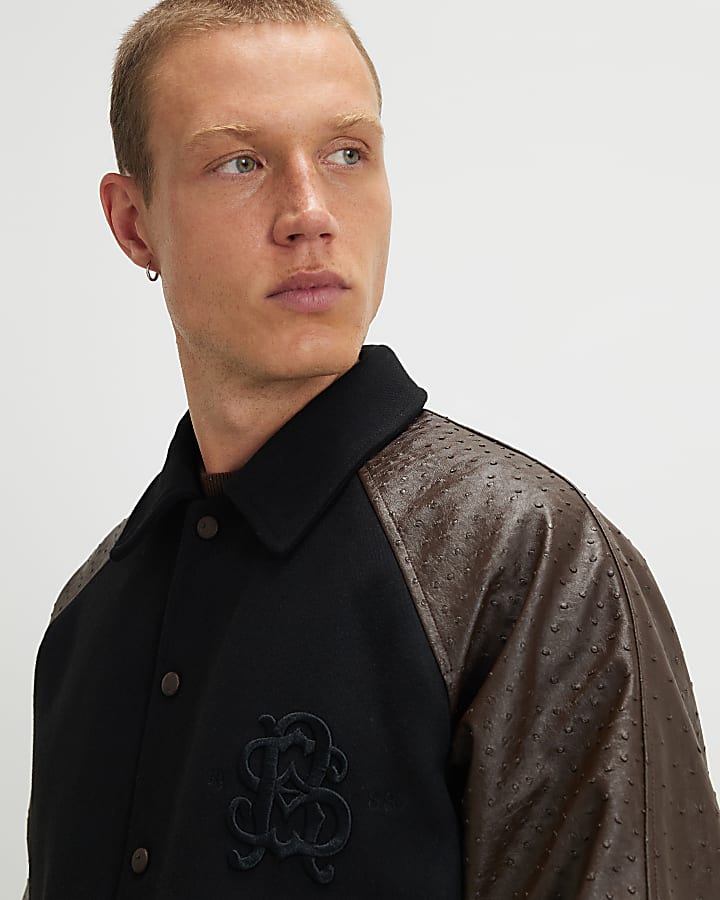 Black Faux Leather Varsity Bomber Jacket