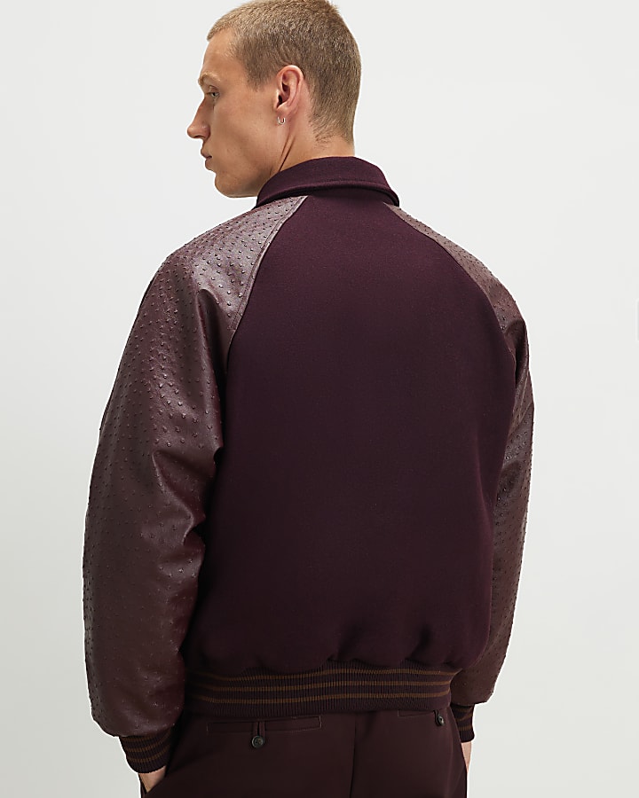 Burgundy Faux Leather Varsity Bomber Jacket