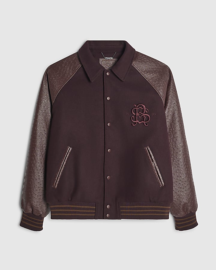 Burgundy Faux Leather Varsity Bomber Jacket