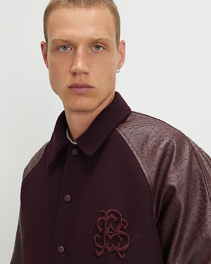 Burgundy Faux Leather Varsity Bomber Jacket