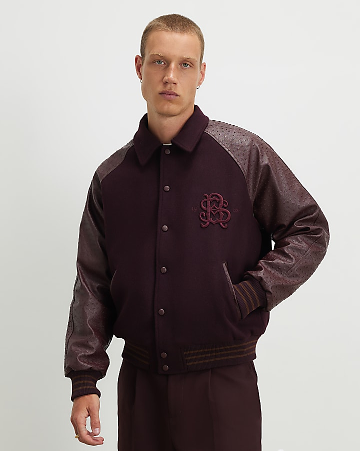 Burgundy Faux Leather Varsity Bomber Jacket