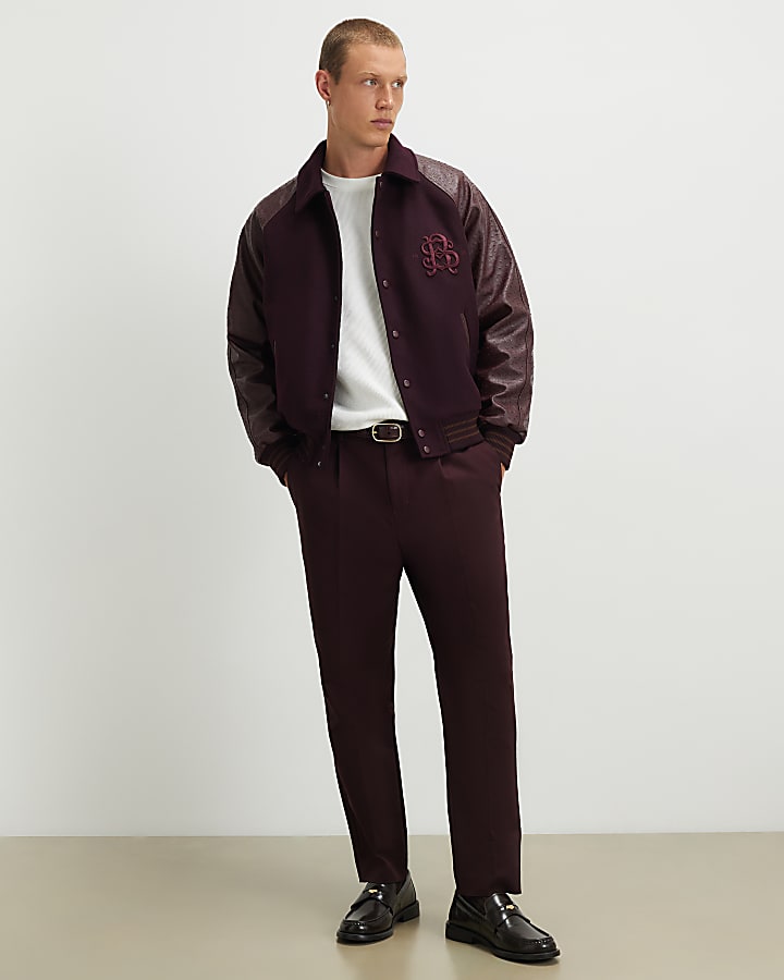 Burgundy Faux Leather Varsity Bomber Jacket