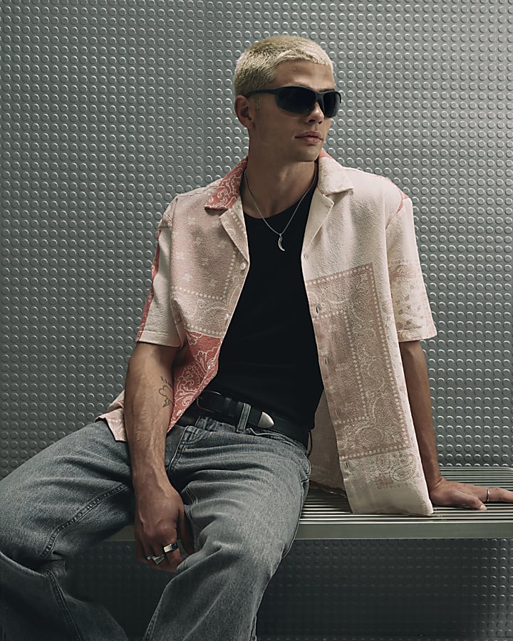 Pink Slim Fit Tapestry Print Cotton Shirt