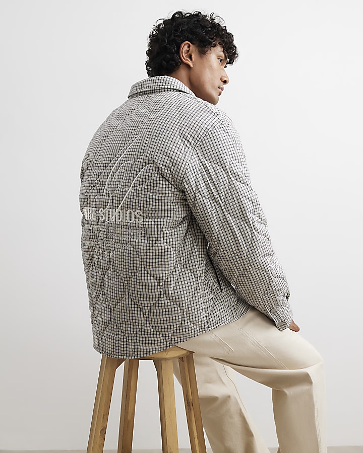 Beige Cotton Quilted Check Overshirt