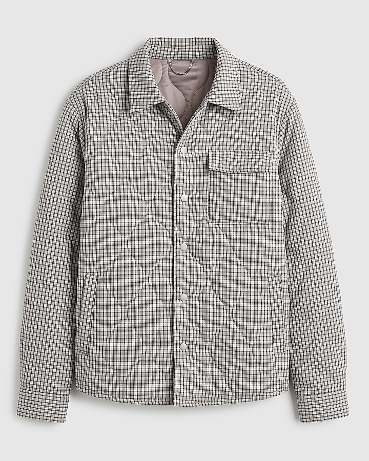 Beige Cotton Quilted Check Overshirt