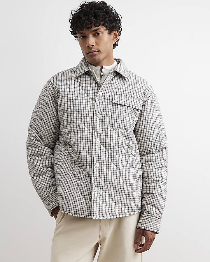Beige Cotton Quilted Check Overshirt