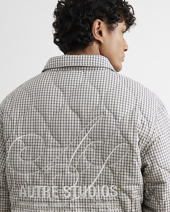 Beige Cotton Quilted Check Overshirt