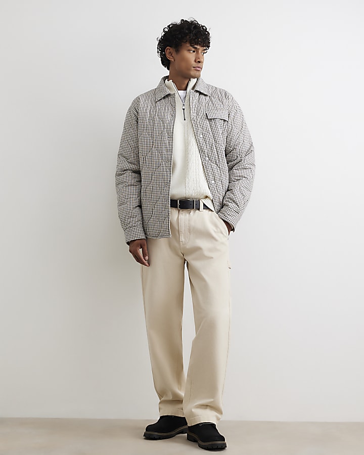 Beige Cotton Quilted Check Overshirt