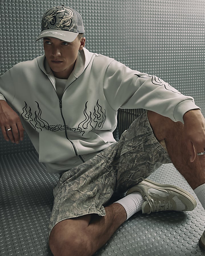 Grey Cotton Blend Tsukushi Dragon Hoodie