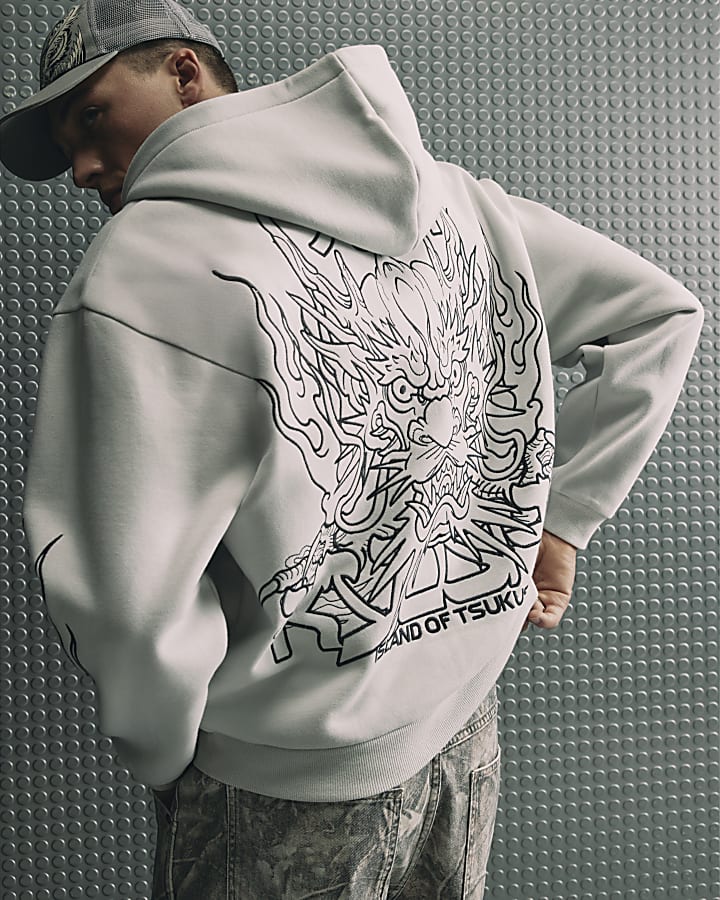 Grey Cotton Blend Tsukushi Dragon Hoodie