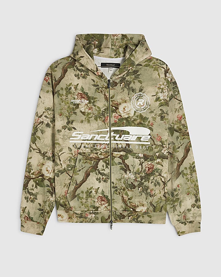 Green Oversized Fit Camouflage Floral Hoodie