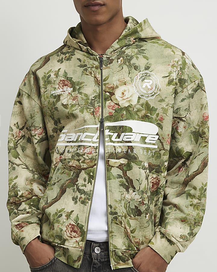 Green Oversized Fit Camouflage Floral Hoodie