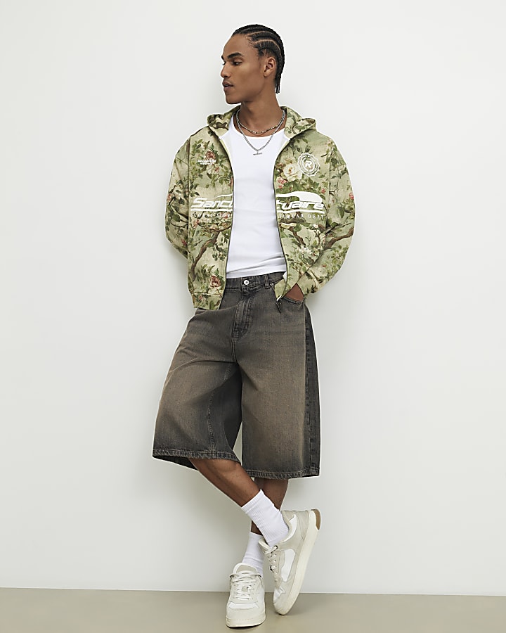 Green Oversized Fit Camouflage Floral Hoodie