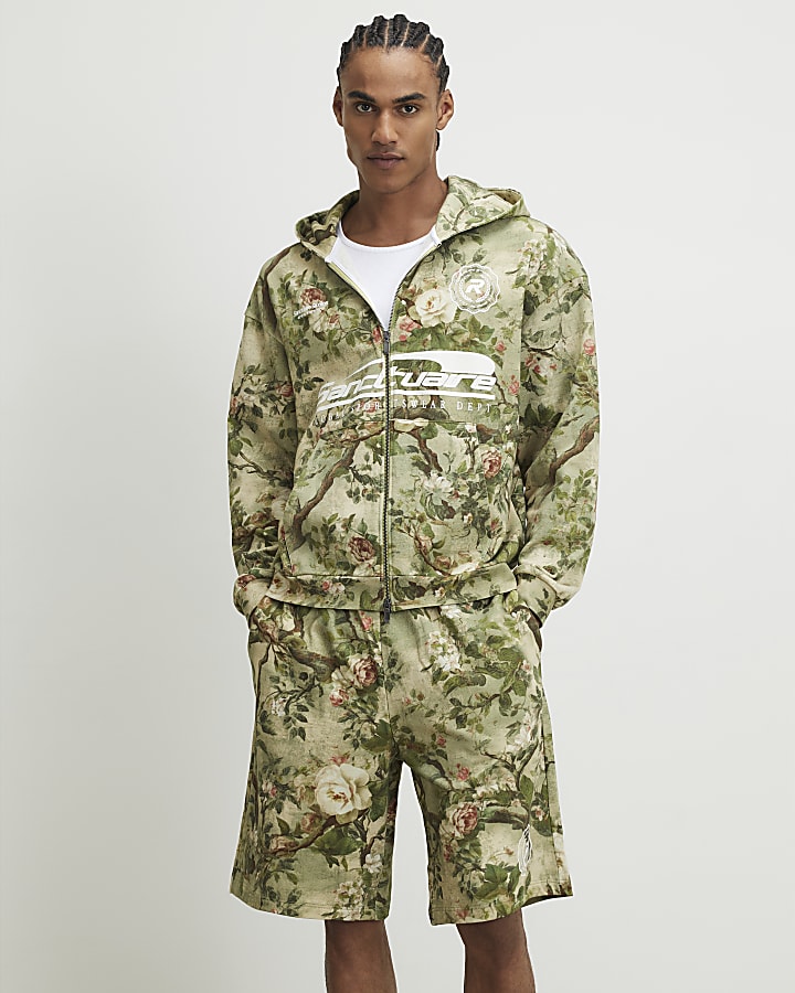 Green Oversized Fit Camouflage Floral Hoodie