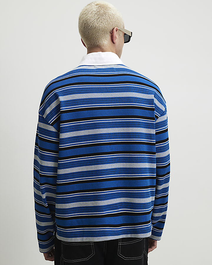 Blue Oversized Fit Cotton Striped Polo Shirt