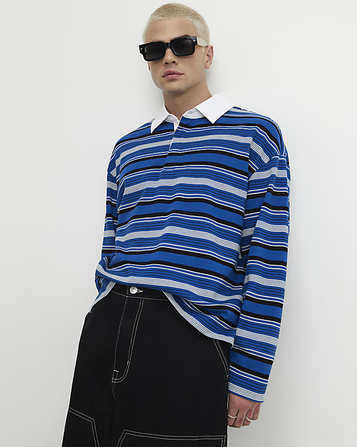 Blue Oversized Fit Cotton Striped Polo Shirt
