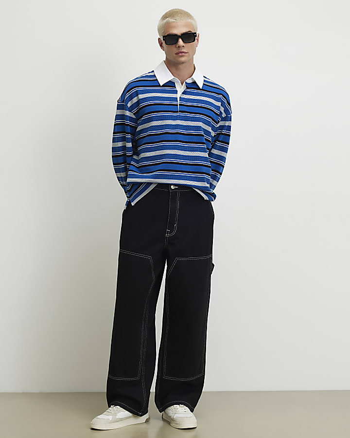 Blue Oversized Fit Cotton Striped Polo Shirt