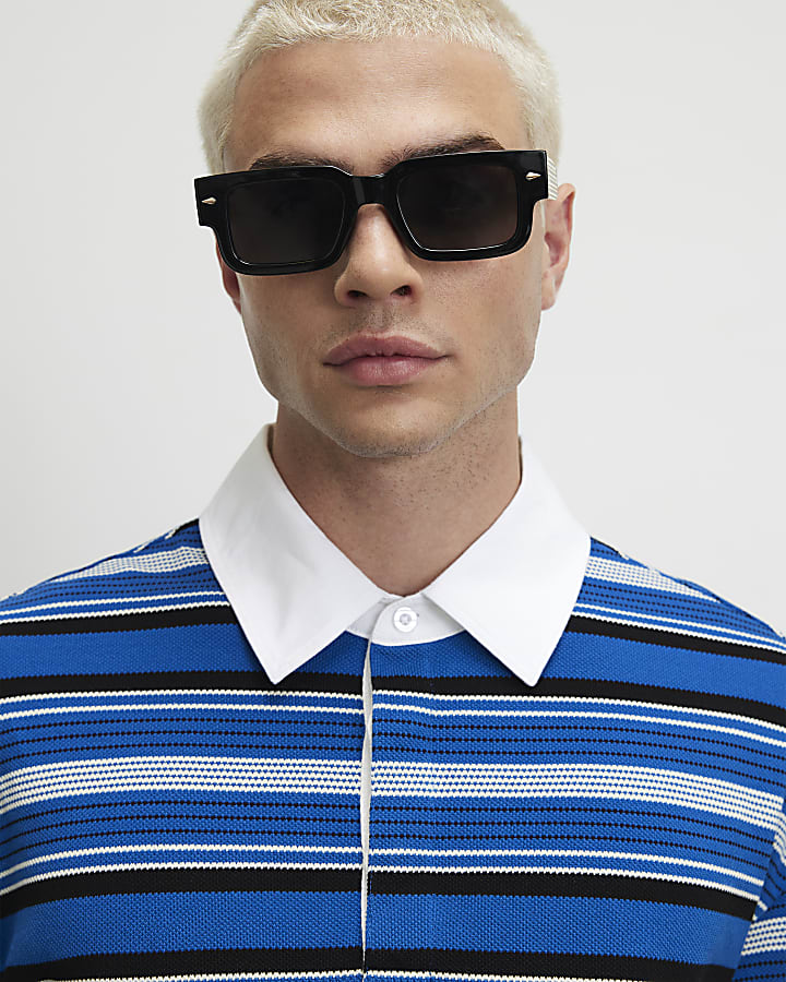 Blue Oversized Fit Cotton Striped Polo Shirt