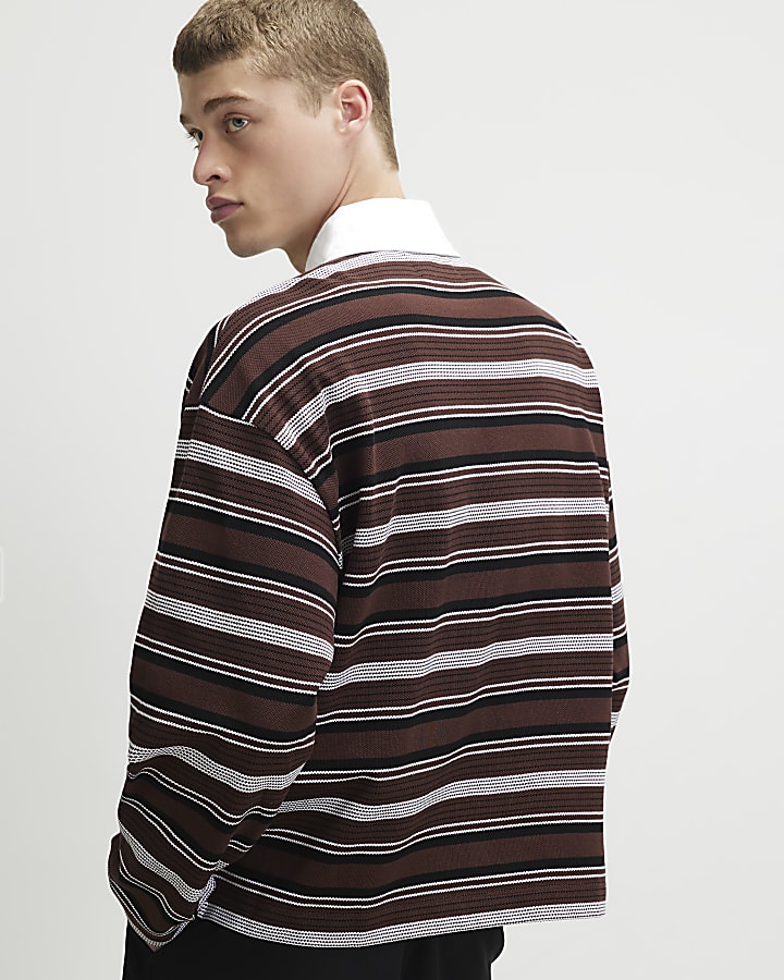 Brown Oversized Fit Cotton Striped Polo Shirt