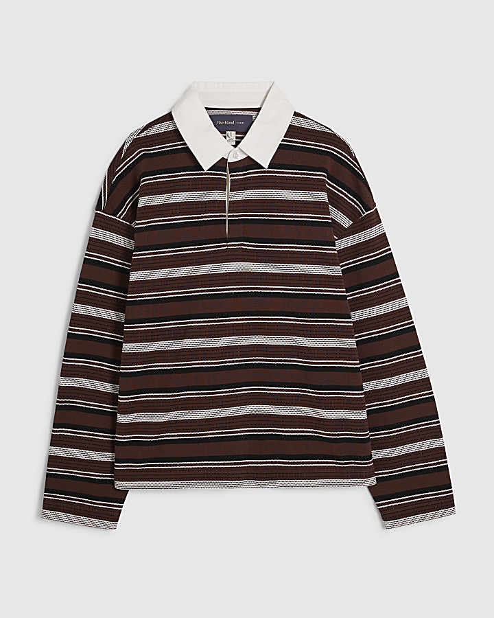 Brown Oversized Fit Cotton Striped Polo Shirt