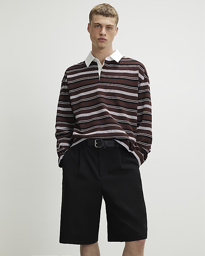 Brown Oversized Fit Cotton Striped Polo Shirt