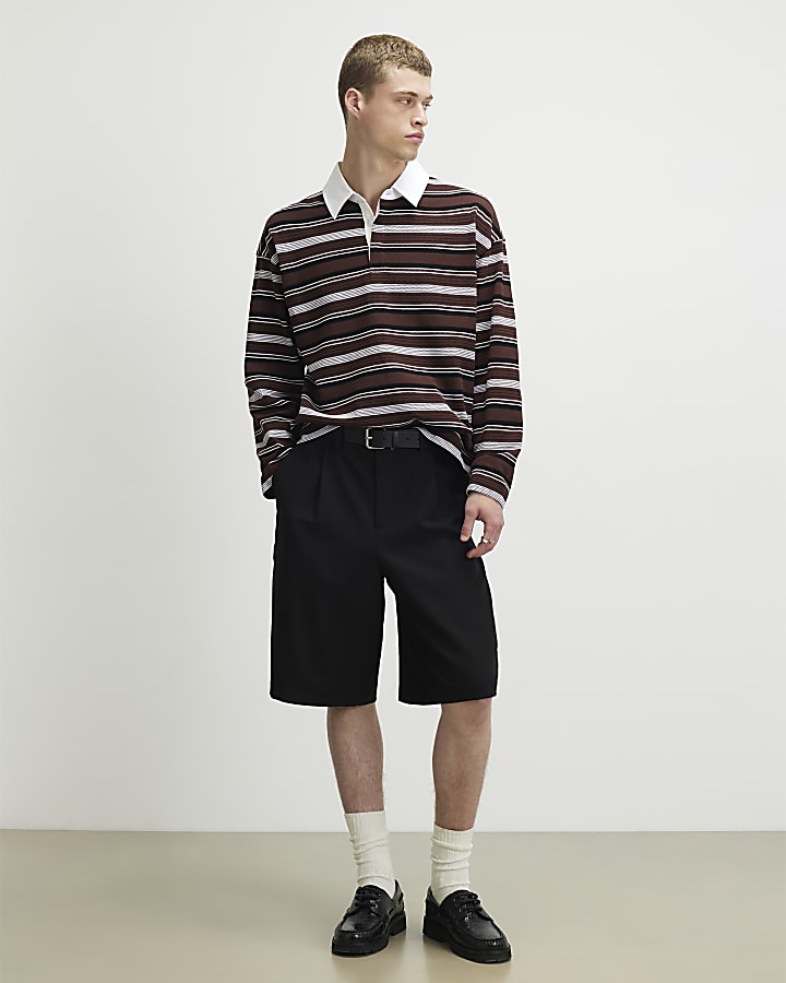 Brown Oversized Fit Cotton Striped Polo Shirt