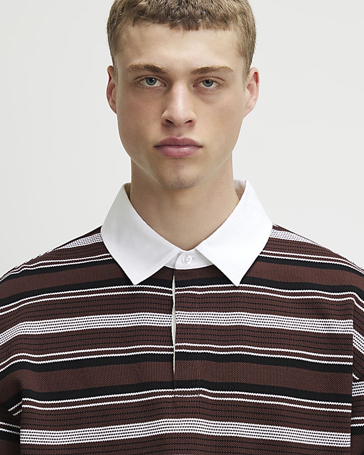 Brown Oversized Fit Cotton Striped Polo Shirt
