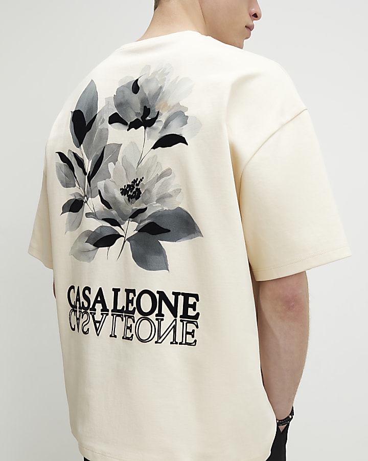 Beige Oversized Cotton Blend Floral T-Shirt