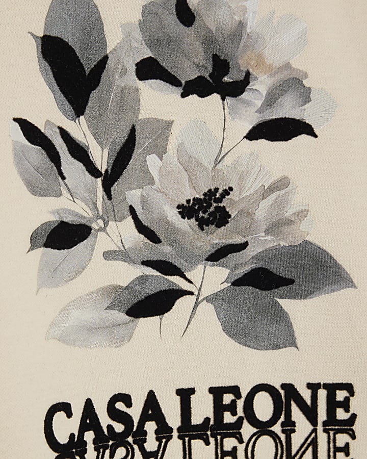 Beige Oversized Cotton Blend Floral T-Shirt
