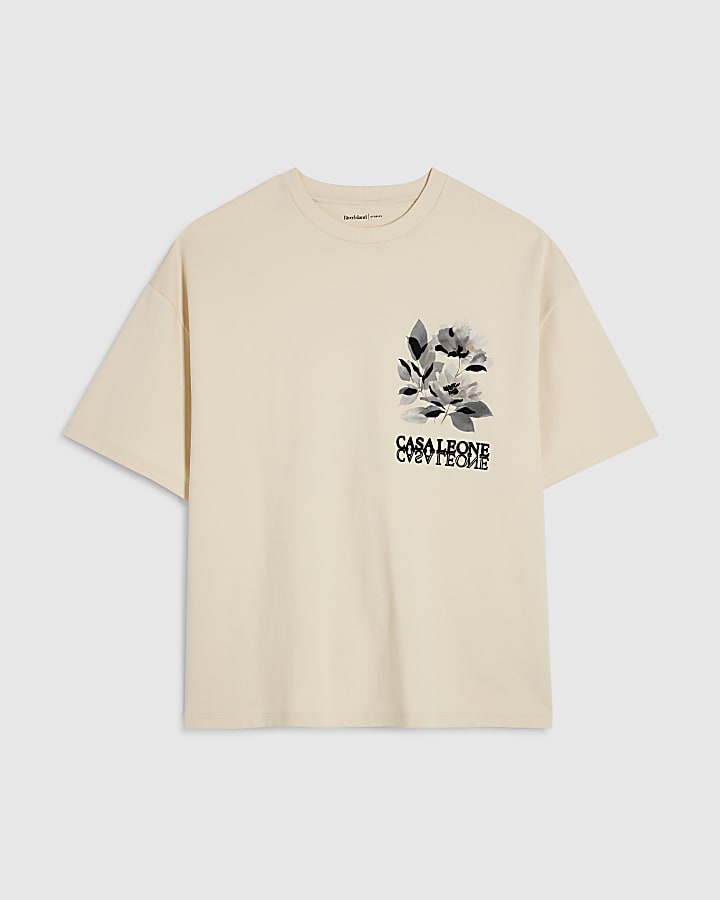 Beige Oversized Cotton Blend Floral T-Shirt