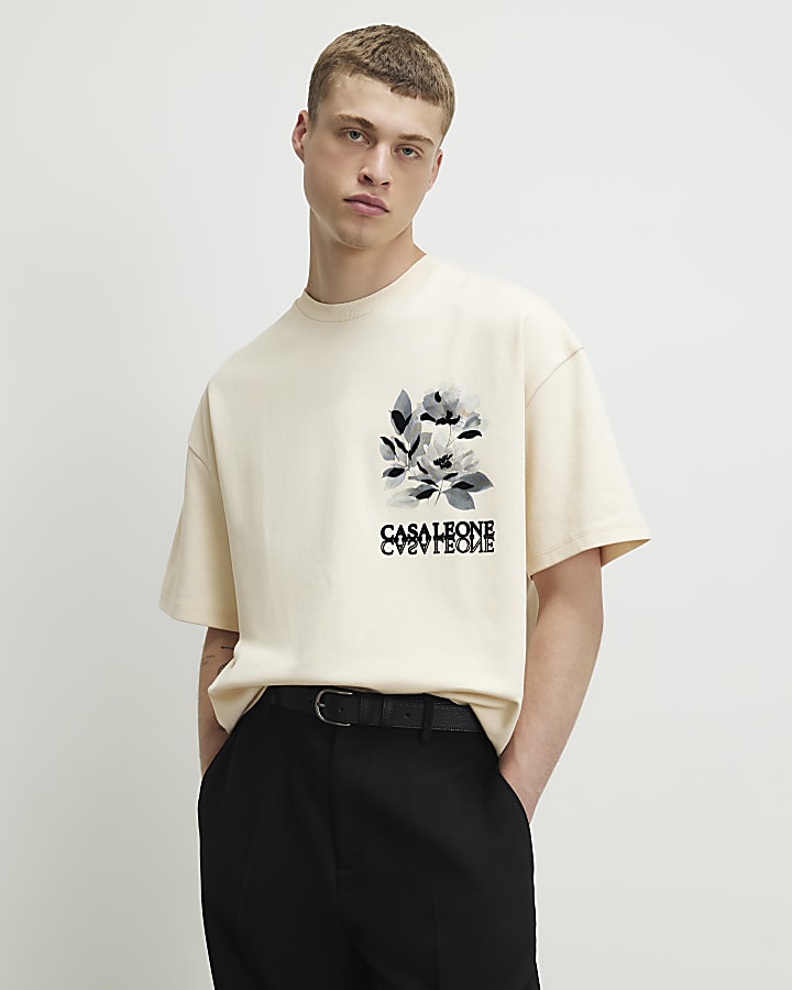 Beige Oversized Cotton Blend Floral T-Shirt