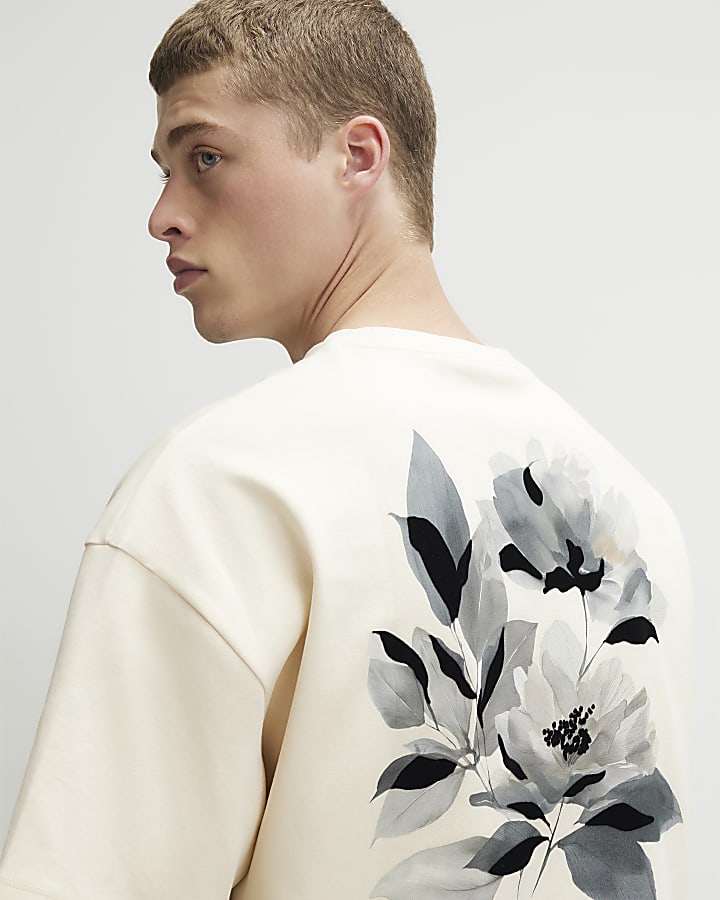 Beige Oversized Cotton Blend Floral T-Shirt