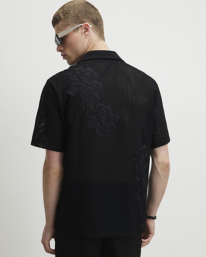Black Regular Fit Cotton Crochet Floral Shirt